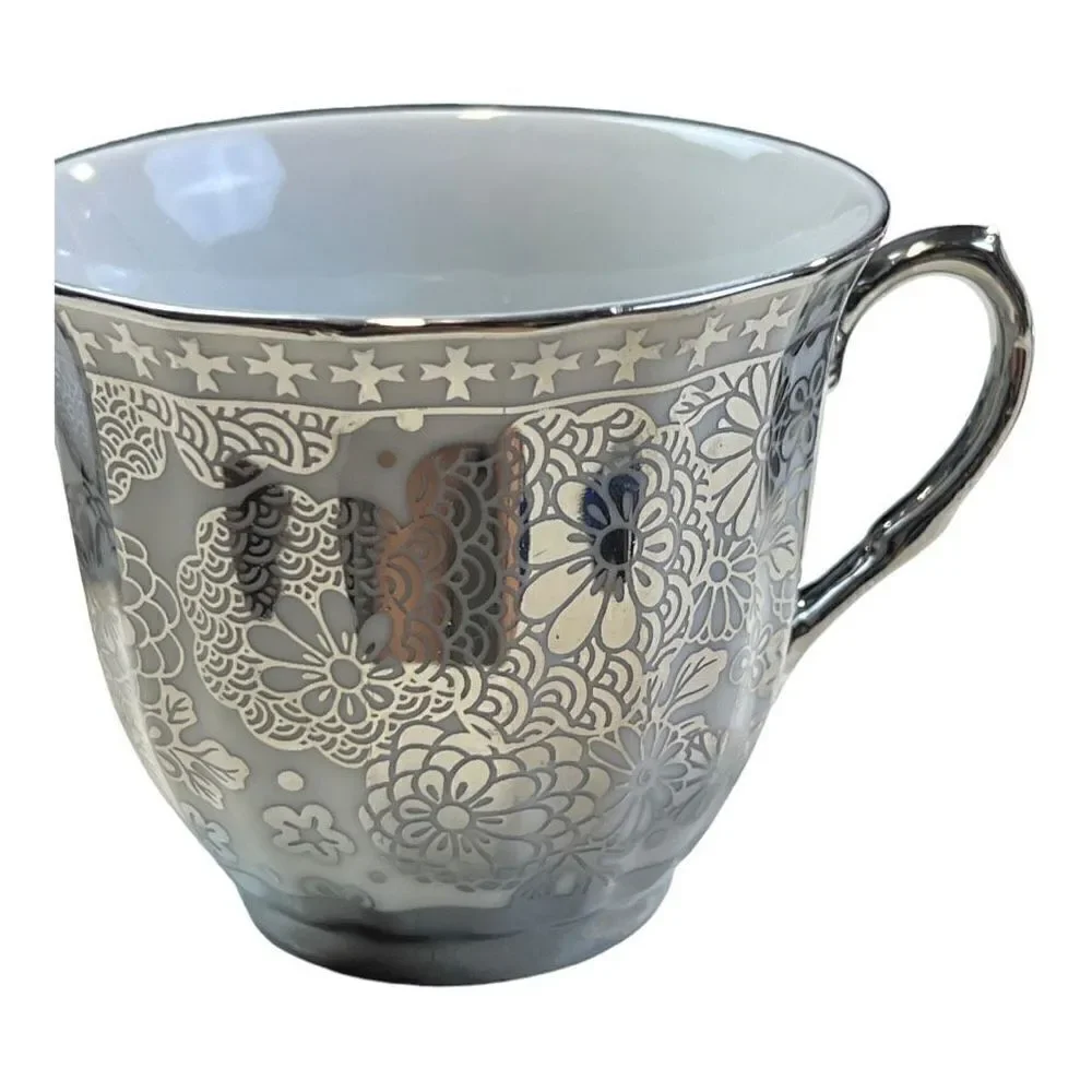 Genes Wares Italian Series Teacup and Saucer Set of 1 Silver White Floral Print